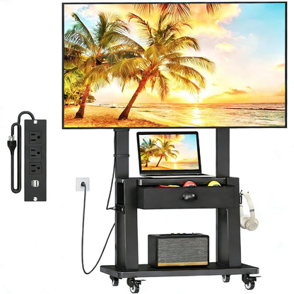 Rolling TV Stand with Power Outlet,TV Cart with Fabric Drawer for 23-75 inch Flat/Curved Screen Up to 120lbs,Adjustable Height Mobile TV Stand with Wheels,for Indoor Outdoor,Max VESA 600x400mm