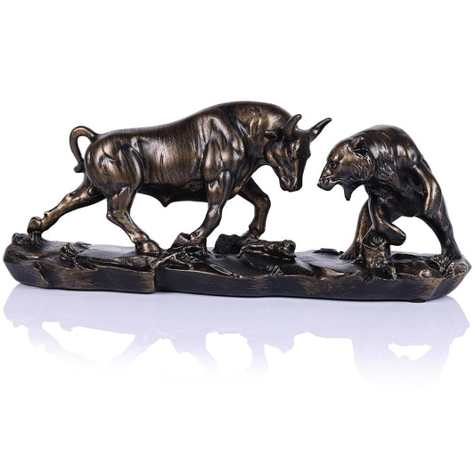 Wall Street Bull Statue, Bull Market and Bear Market Statue, Stock Market Sculpture, for Office, Desktop, Bookshelf, Living Room, Study, Home Decor, Financial Advisor Gift (Brown)