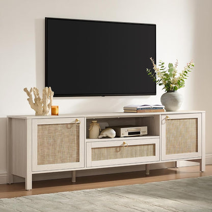 Rattan TV Stand for TVs up to 75 Inch, White Entertainment Center