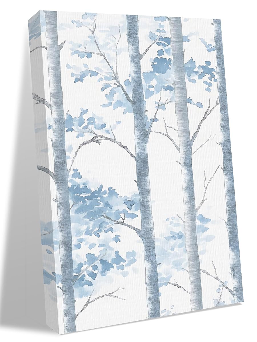 NuYeBiofx Watercolor Blue Gray Tree Branch Canvas Wall Art Prints,40"x28" Framed Picture Artwork Retro Forest Leaves Foliage Printed Canvas Oil Painting for Living Room Bedroom Office,Ready to Hang