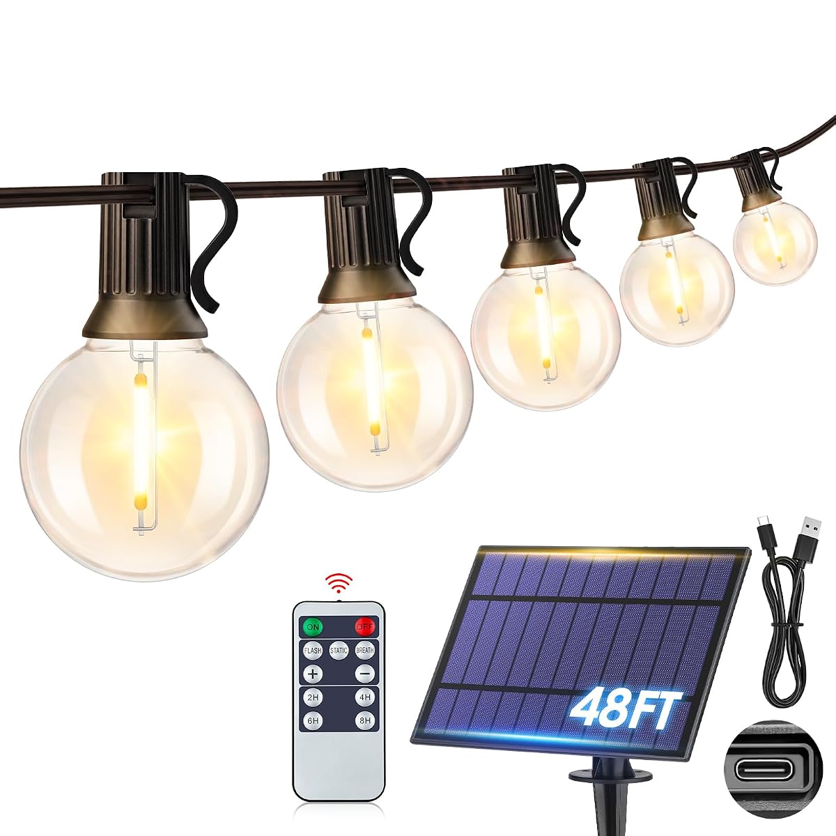 48FT Solar Powered String Lights, Outdoor Waterproof Patio Light with 15+1 Shatterproof LED G40 Bulbs, String Light for Backyard Balcony-Black