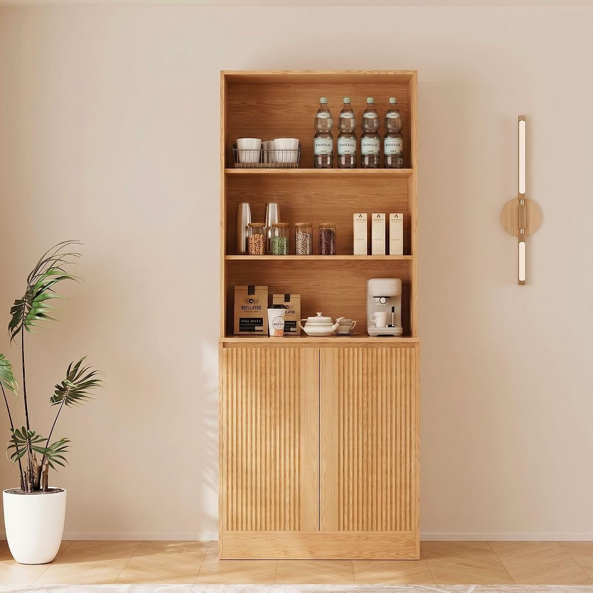 Tall Bookcase with Glass Doors,71'' Wooden Bookshelf with Storage,Display Cabinet for Living Room, Home Office (C)