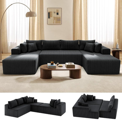 Cloud Couch U-Shaped Sectional Sofa, 134'' Modular Boneless Couches for Living Room, Corduroy Deep Seat Sofa with 2 Chaise Lounges and 1 Loveseat, 30D High-Resilience Foam, No Assembly, Black