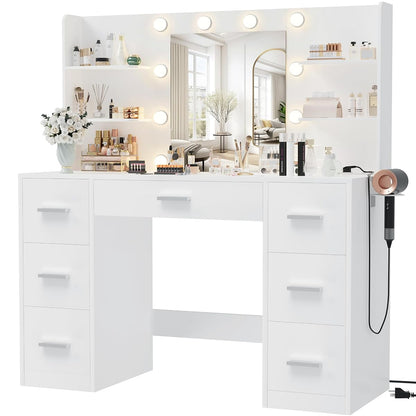 Vanity Desk with LED Mirror,Power Outlet,7 Drawers Makeup Table