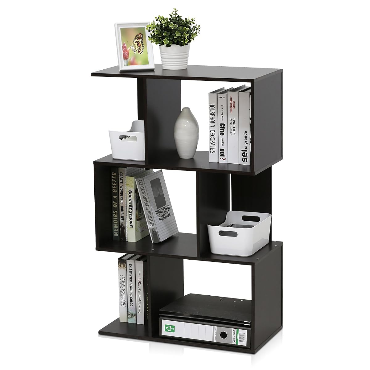 SIMPLY Book Shelf, 3-Tier Geometric Bookshelf, S-Shape Bookcase with Open Shelf, 11.8" x 23.6" x 37.3", for Organization and Storage, for Living Reoom, Bedroom, Home Office, Espresso