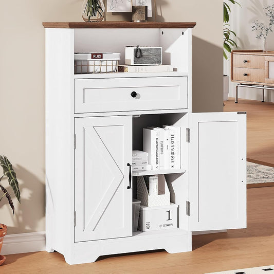 Floor Cabinet, Farmhouse Storage Cabinet with Barn Doors and Drawer