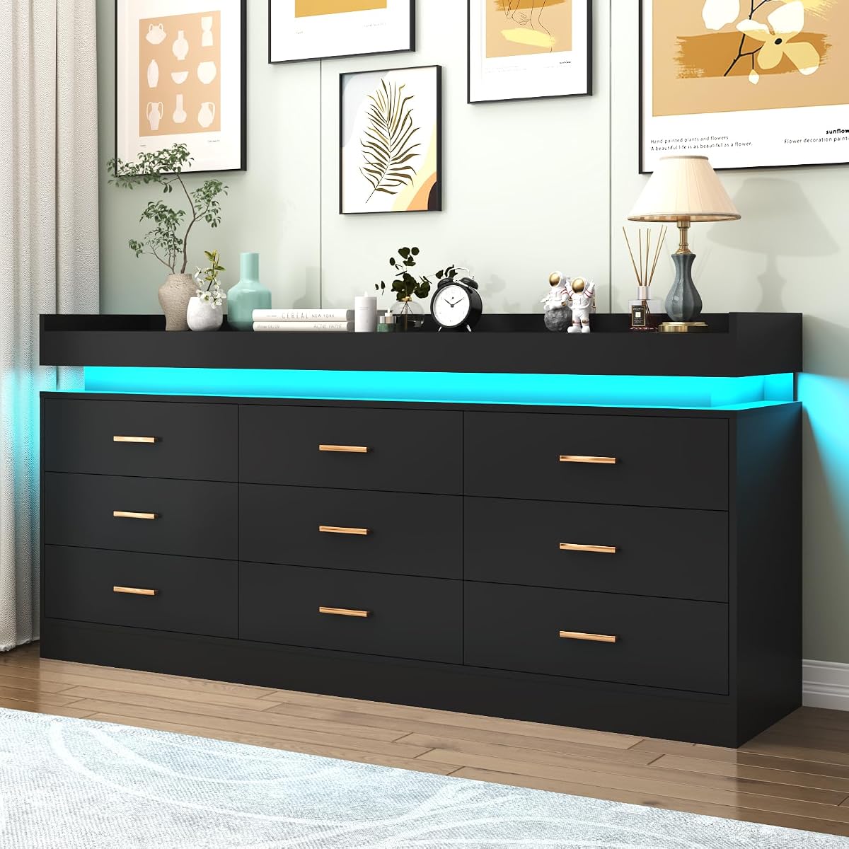 9 Drawer Dresser with LED Light and Charging Station