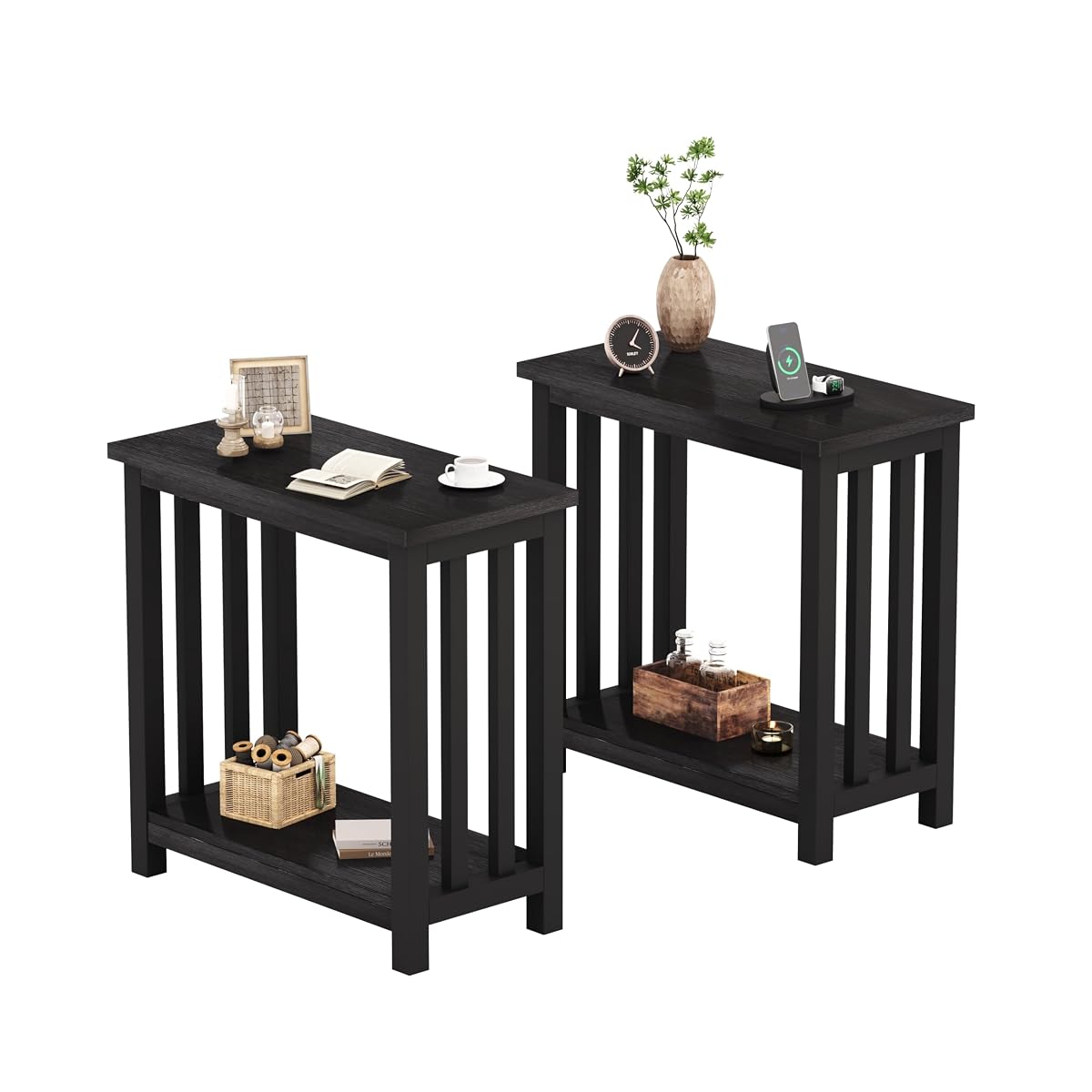 Mission End Tables Set of 2, Narrow Side Tables for Small Spaces, Night Stands with Storage Shelf for Living Room and Bedroom, Black