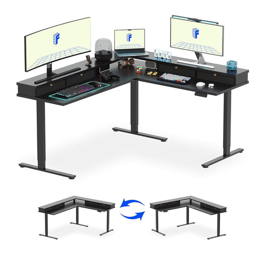 FLEXISPOT 71" Large L Shaped Standing Desk Electric Corner Table with Shelf, 4 Storage Drawers, Adjustable Computer Workstation for Home, Office, Game, Studio, Black Top + Black Frame