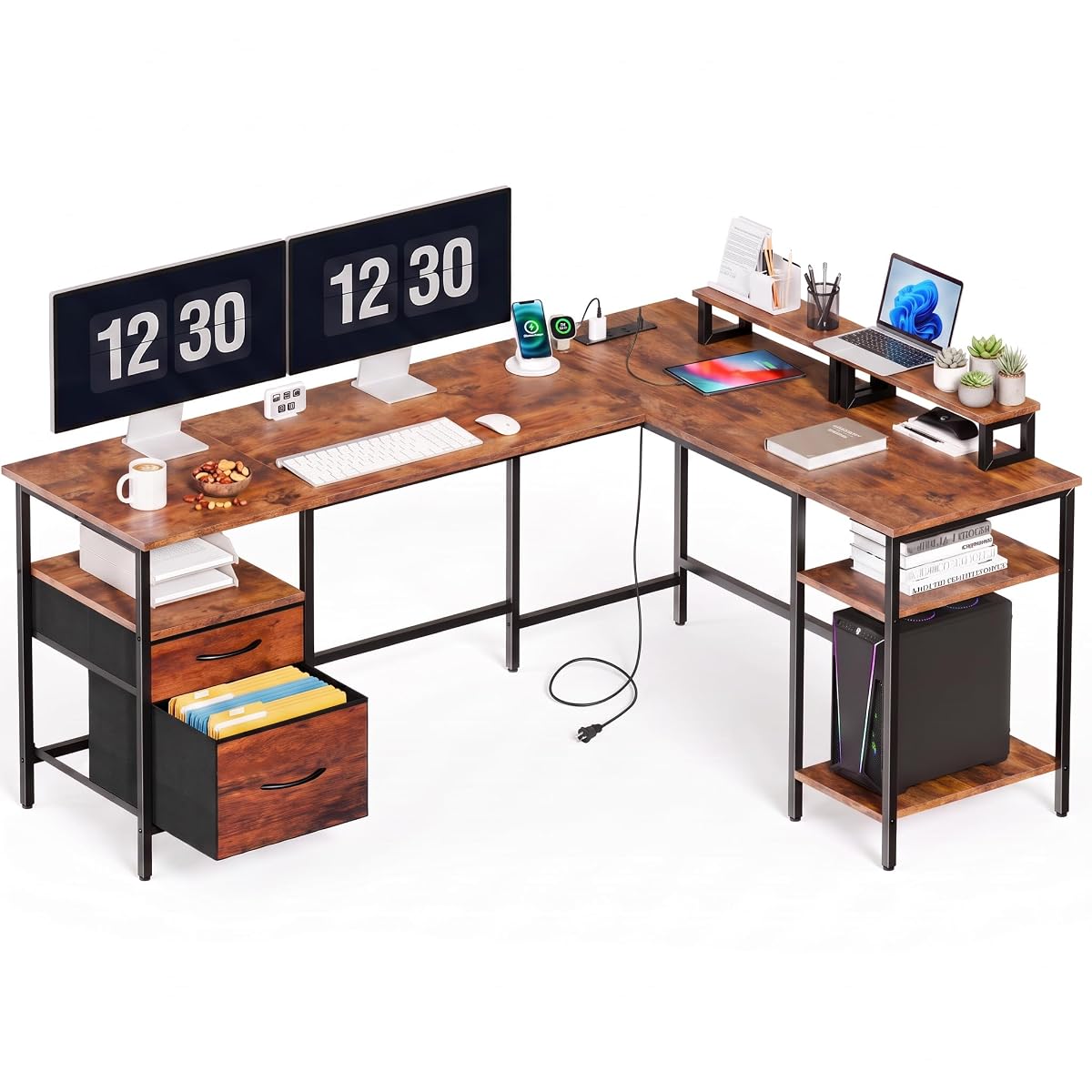 62 Inch L Shaped Computer Desk with Power Outlets, 62 Inch