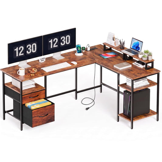 62 Inch L Shaped Computer Desk with Power Outlets, 62 Inch