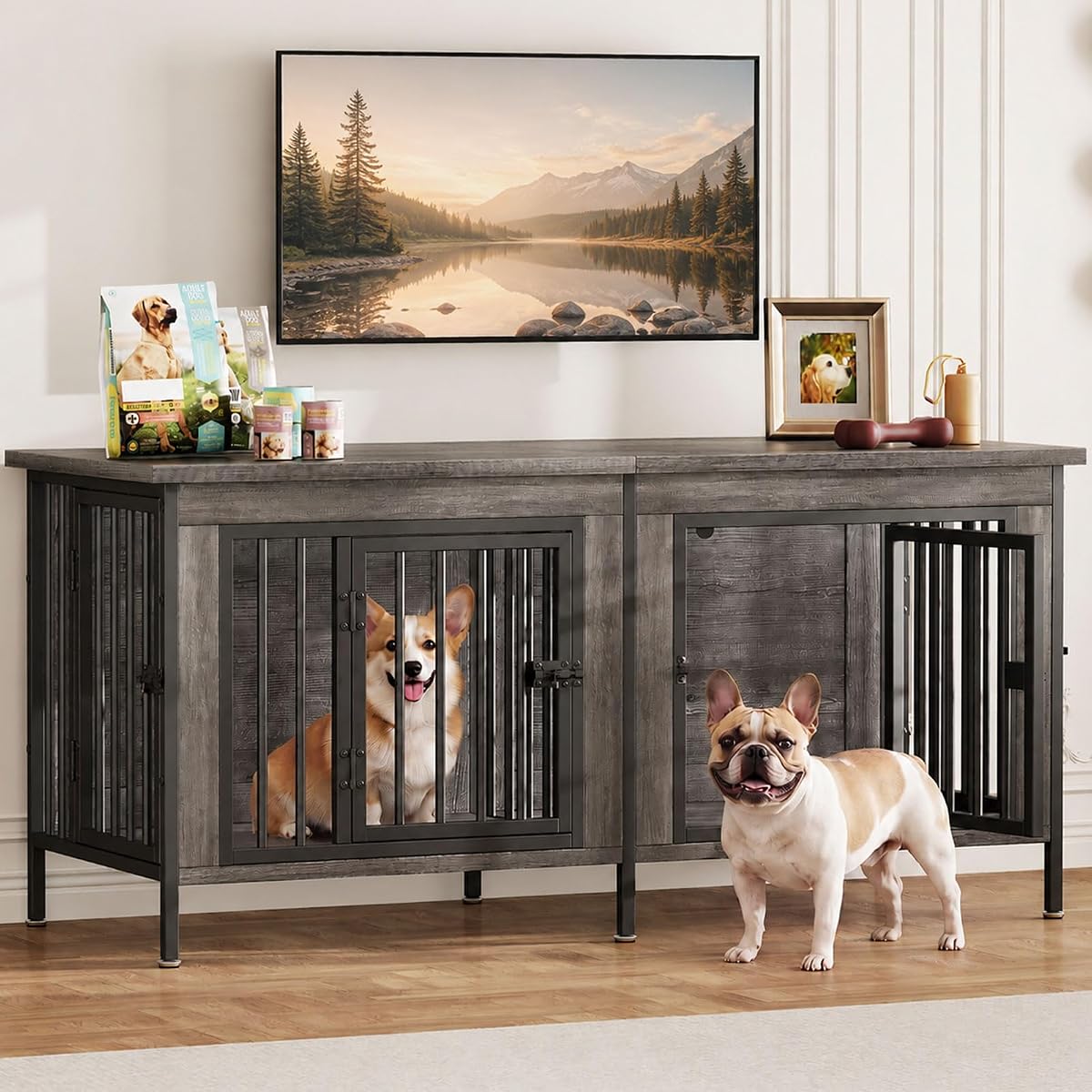 54" Dog Crate Furniture for 2 Dogs with Divider, Dog Kennel, Grey