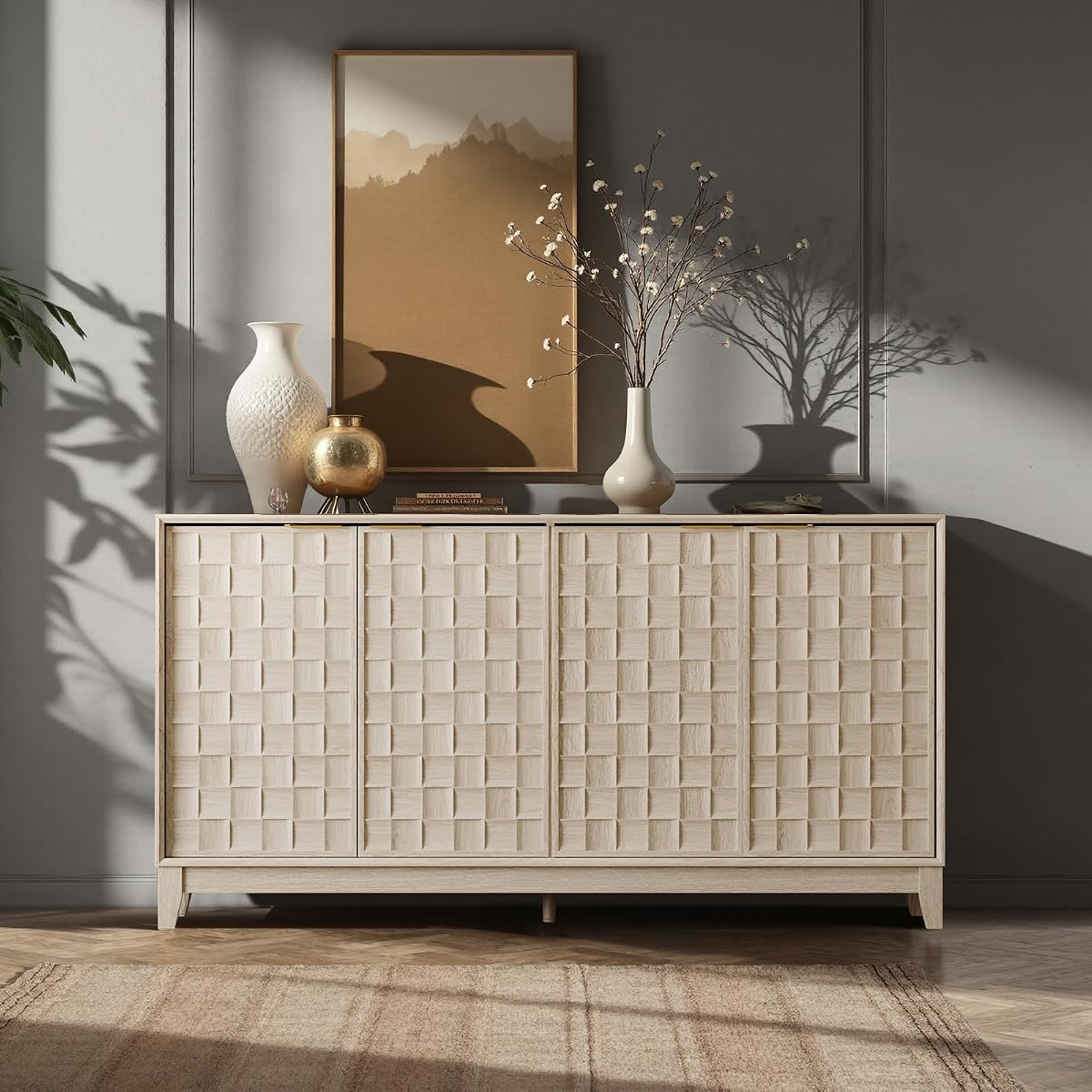 Fluted Sideboard Cabinet with Storage – Solid Wood Buffet for Dining Room