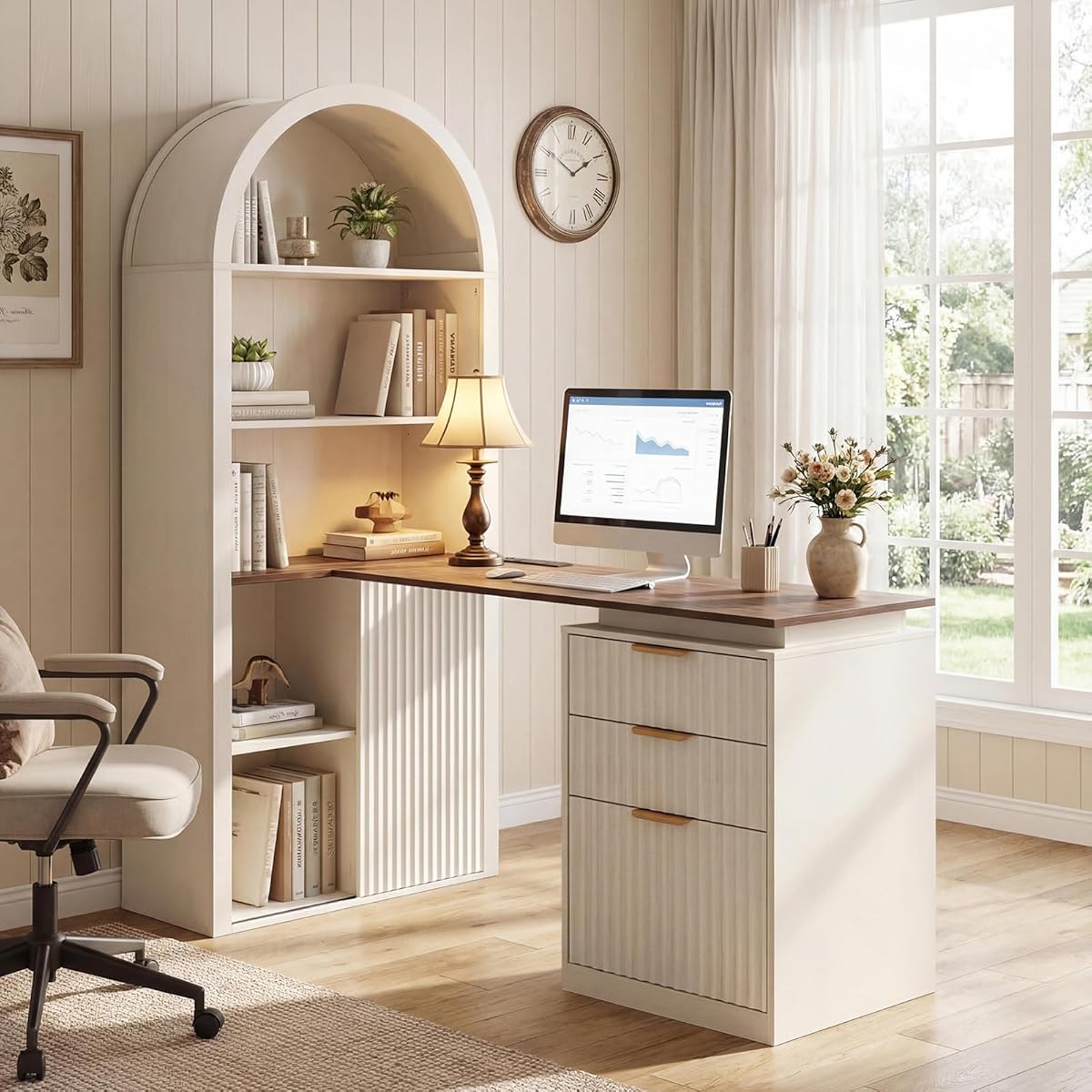61" L Shaped Desk with Arched Hutch, White Corner Computer Desk with Power Outlets, 3 Drawers, File Cabinet and Sliding Door Storage for Home Office