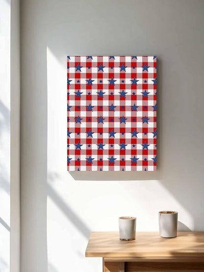 NuYeBiofx National Flag Day Canvas Wall Art Prints,30"x20" Framed Picture Artwork Patriotic Stars on Buffalo Tartan Lattice Printed Canvas Oil Painting for Living Room Bedroom Office,Ready to Hang