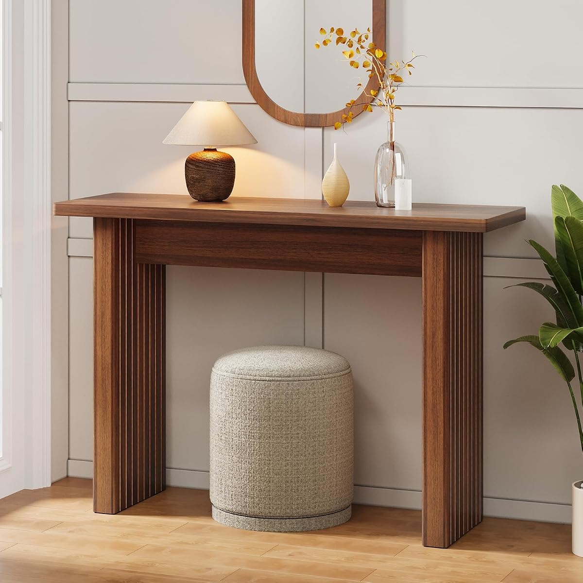 Mid Century Narrow Entryway Console Table, 43.3" Fluted Wood Couch Table Behind Sofa Long and Skinny for Living Room Hallway Entrance Foyer, Walnut