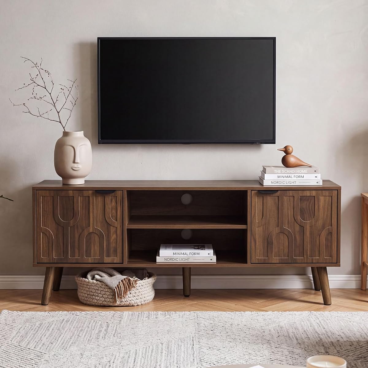 47" Mid Century Modern TV Stand, Fluted Walnut Media Console for 45" TVs