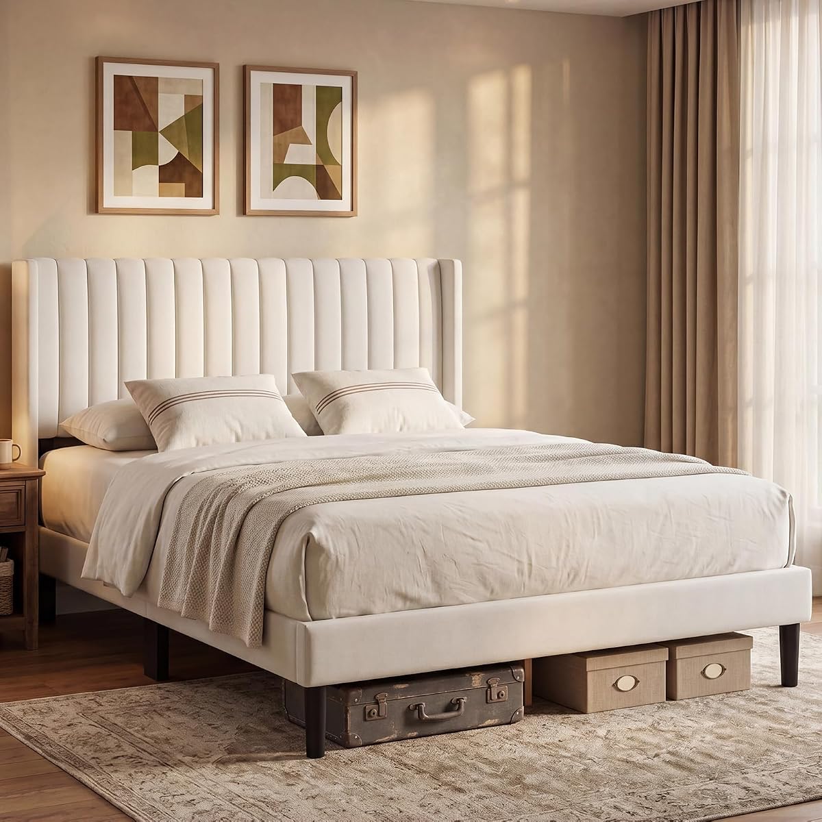 Upholstered Queen Bed Frame with Headboard Platform Beds Beige