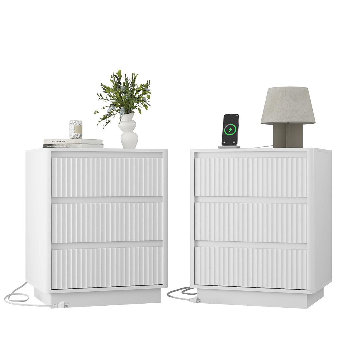 (Set of 2) End Table with Fast USB C Charging Station, Sofa Side Table with 3Drawers, Large Storage Modern Wood Storage Cabinet for Living Room,Bedroom,Office, White