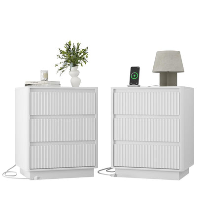 Set of 2 End Tables with Fast USB C Charging Station, Sofa Side Table with 3 Drawers, Large Storage Modern Wood Cabinet for Living Room, Bedroom, Office,White