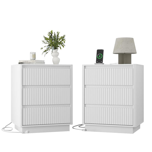 Set of 2 End Tables with Fast USB C Charging Station, Sofa Side Table with 3 Drawers, Large Storage Modern Wood Cabinet for Living Room, Bedroom, Office,White