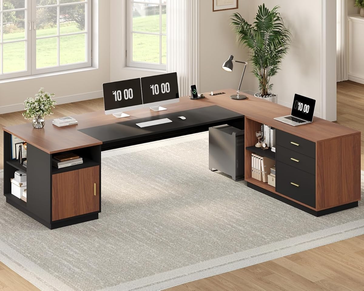 78.7" L Shaped Executive Desk with Lateral File Cabinet