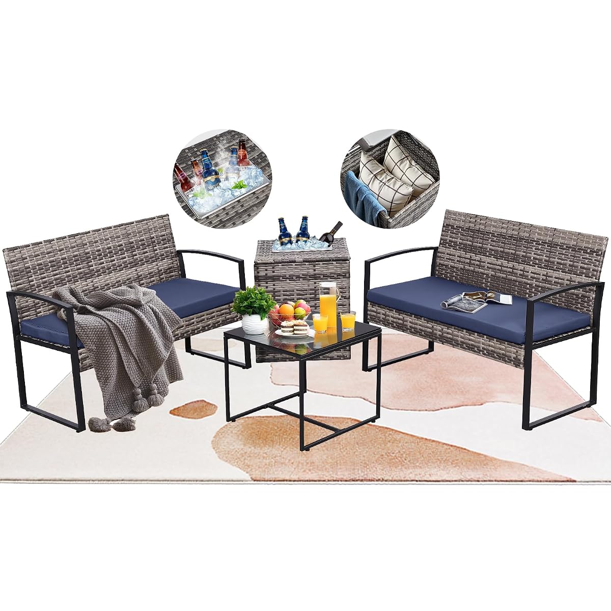 4 Piece Patio Furniture Set w/Built-in Cooler Storage Box, Grey/Blue | All-Weather Hand-Woven Rattan | Tempered Glass Table | Beverage Cooler | Comfy Loveseat | Indoor & Outdoor Use