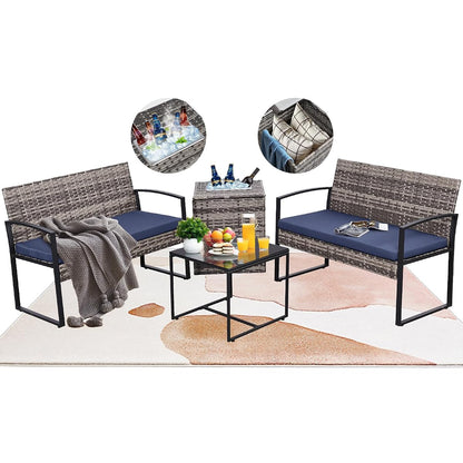 4 Piece Patio Furniture Set w/Built-in Cooler Storage Box, Grey/Blue | All-Weather Hand-Woven Rattan | Tempered Glass Table | Beverage Cooler | Comfy Loveseat | Indoor & Outdoor Use