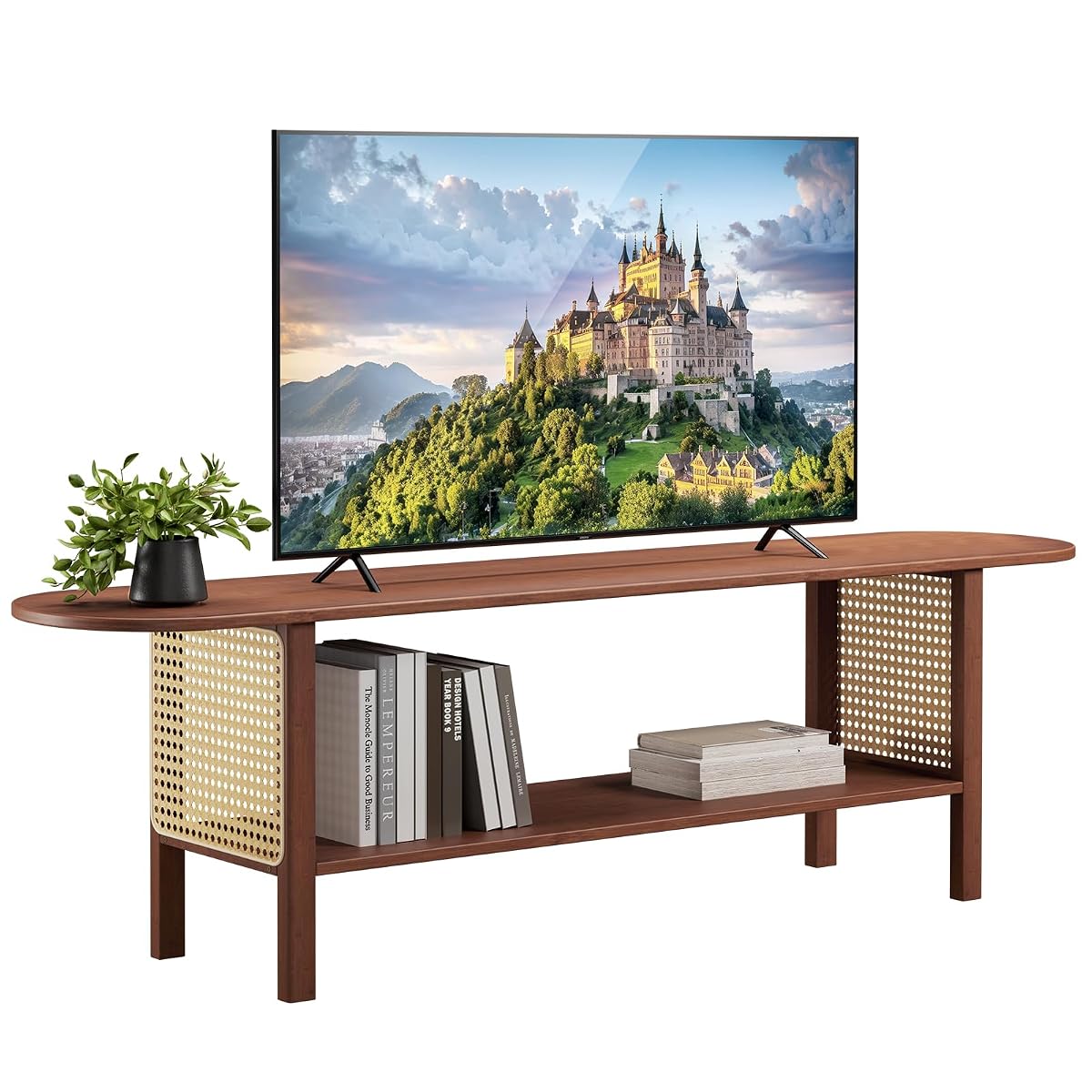 Bamboo TV Stand with Storage for TVs up to 65", Modern Entertainment Center with Rattan Side, Accent TV Table with 2 Shelf, Media Console TV Stand for Living Room, Bedroom, Walnut