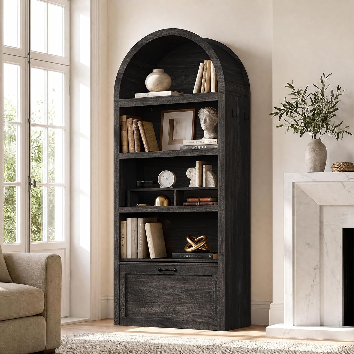 76.6" Arched Bookshelf with Rolling Storage Bench