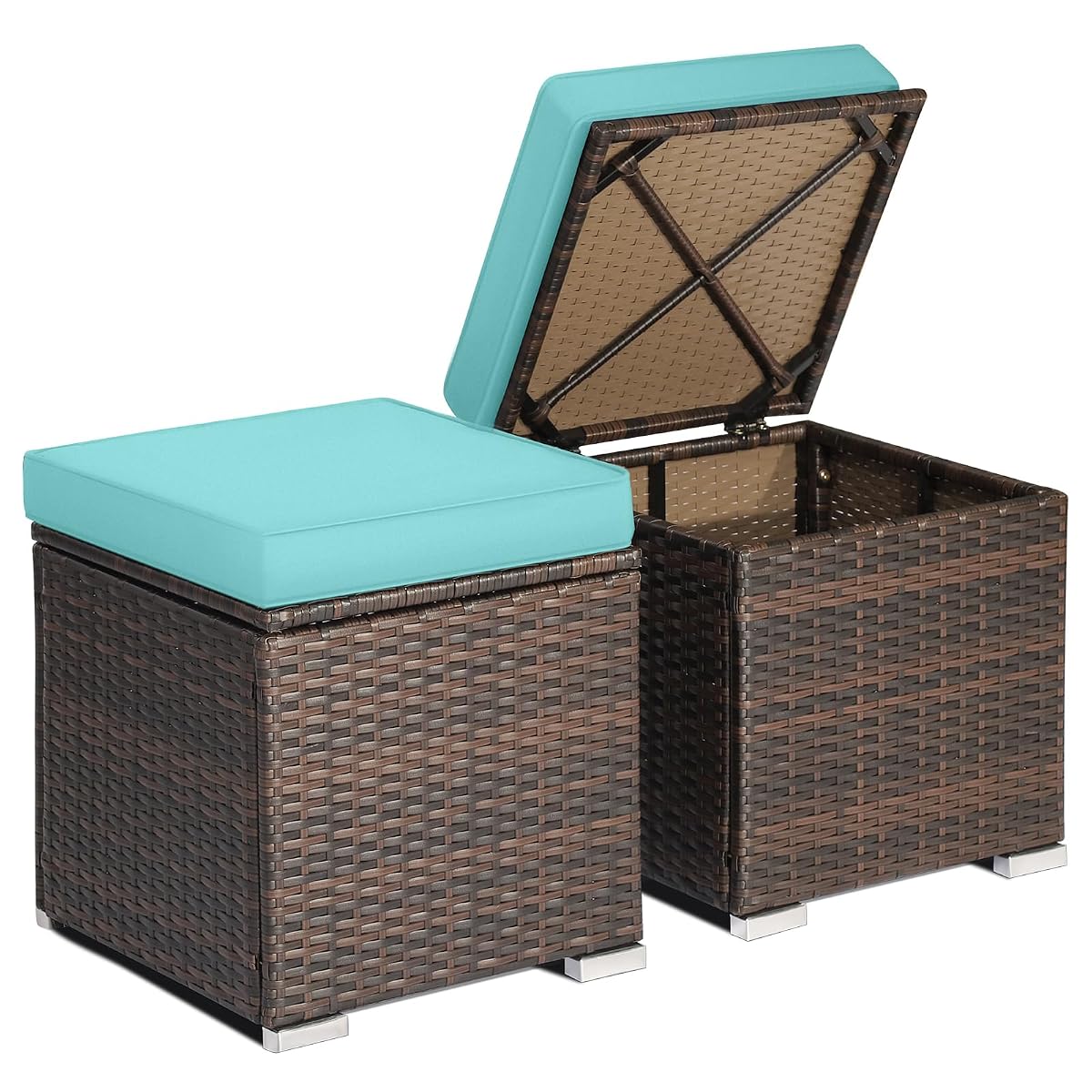 Wicker Outdoor Storage Ottoman, 2-Piece Rattan Footstool w/Removable Cushion, Multipurpose Footrest Stool Side Table Additional Seating, Set of 2 Outdoor Ottomans for Patio Deck (Turquoise)