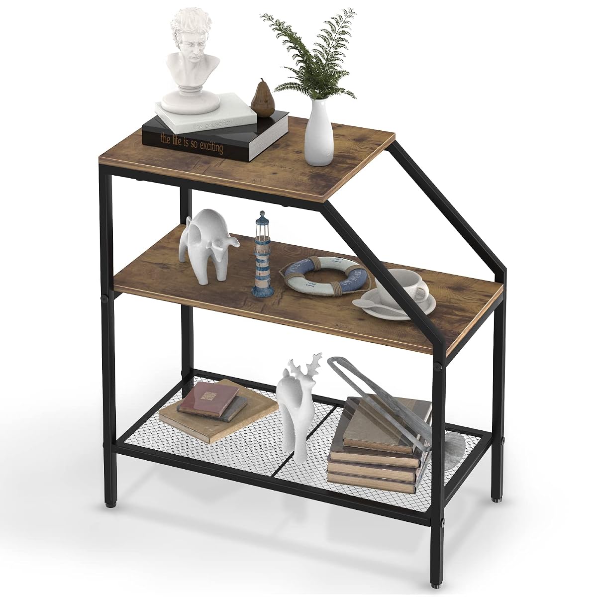 End Table 3 Tiers Shelf Rustic Brown Wood Industrial Accent Decorative Sofa Side Table Modern Trapezoid Accent Furniture Living Room Bed Room for Small Place
