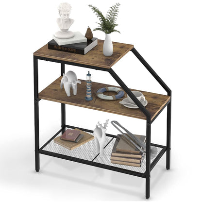 End Table 3 Tiers Shelf Rustic Brown Wood Industrial Accent Decorative Sofa Side Table Modern Trapezoid Accent Furniture Living Room Bed Room for Small Place