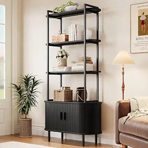 4 Tier Bookshelf with Cabinet, 71" Tall Display Bookcase Black, view 2