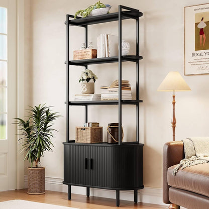 4 Tier Bookshelf with Cabinet, 71" Tall Display Bookcase Black
