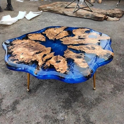 Customized Resin Epoxy Round Table Top, Blue Ocean River Look, Coffee Table Design, Resin Table, Luxury Decor Table, Walnut Table, Wooden Resin Table, (Without Stand, 46 x 46 Inches)