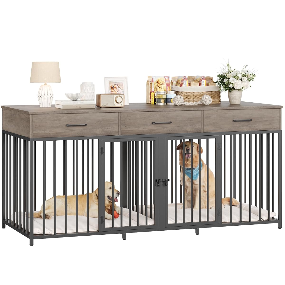 Double Dog Crate, 71" W Indoor Dog Kennel Furniture for 2 Dog, Grey