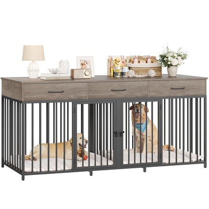 Double Dog Crate, 71" W Indoor Dog Kennel Furniture for 2 Dog, Grey