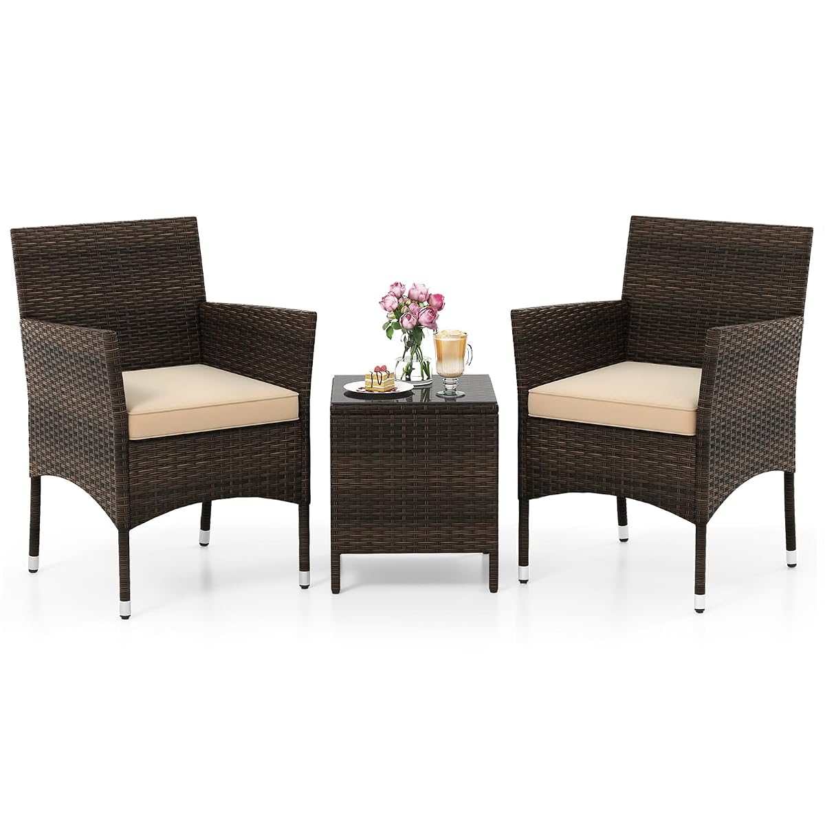 3 Piece Patio Furniture Set, Outdoor Wicker Patio Chairs with Soft Cushions & Tempered Glass Top Table, PE Rattan Bistro Set for Porch, Garden, Balcony (Beige)