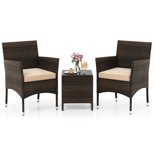 3 Piece Patio Furniture Set, Outdoor Wicker Patio Chairs with Soft Cushions & Tempered Glass Top Table, PE Rattan Bistro Set for Porch, Garden, Balcony (Beige)