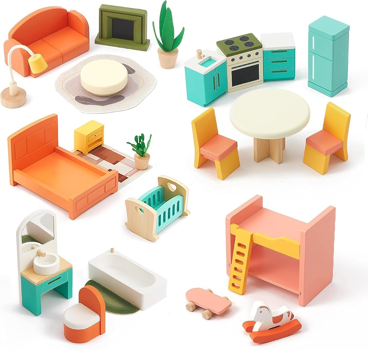 26 Pcs Large Wooden Dollhouse Furniture 5 Set for Kitchen, Living Room, Bedroom, Bathroom, Babyroom, Candy Dollhouse Accessories & Furniture Toy for Girls Boys Kids 3+