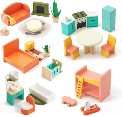 26 Pcs Large Wooden Dollhouse Furniture 5 Set for Kitchen, Living Room, Bedroom, Bathroom, Babyroom, Candy Dollhouse Accessories & Furniture Toy for Girls Boys Kids 3+