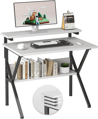 Small Desk, Small Computer Desk for Spaces, 27.5 Inch Computer Desk with Adjustable Monitor Stand, Compact Desk with Storage for Bedroom Home Office, White Tabletop+Black Frame