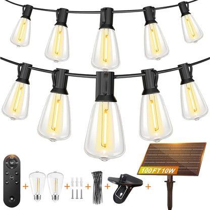 100FT Super Bright Solar String Lights Outdoor Waterproof with Remote Control 30+2 Shatterproof LED ST38 Bulbs for Porch Garden Market Bistro Patio Backyard Fence