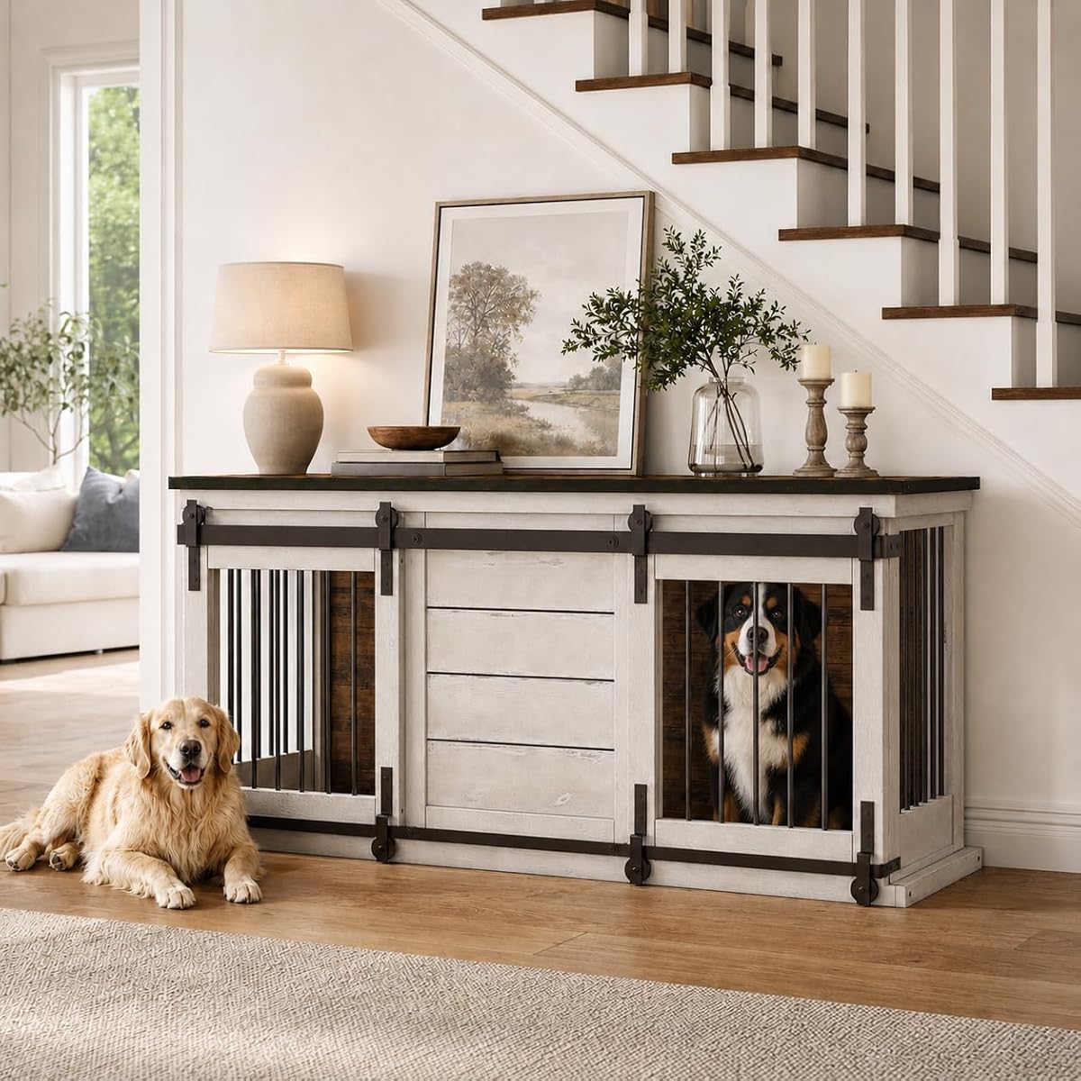 62" Farmhouse Dog Crate Furniture for 2 Large Dogs, Antique White