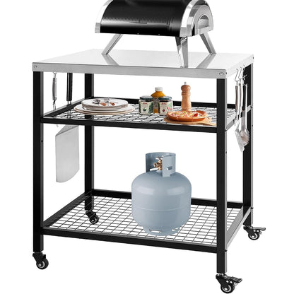 Stainless Steel Outdoor Grill Cart Pizza Oven Stand Trolley Table with Wheels Three-Shelf Movable Food Prep and Work Table Heavy Duty Grill Carts Outdoor Cart 31.5"×24"×35.5"