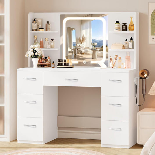 43" Large White Makeup Vanity Desk with Charging Station