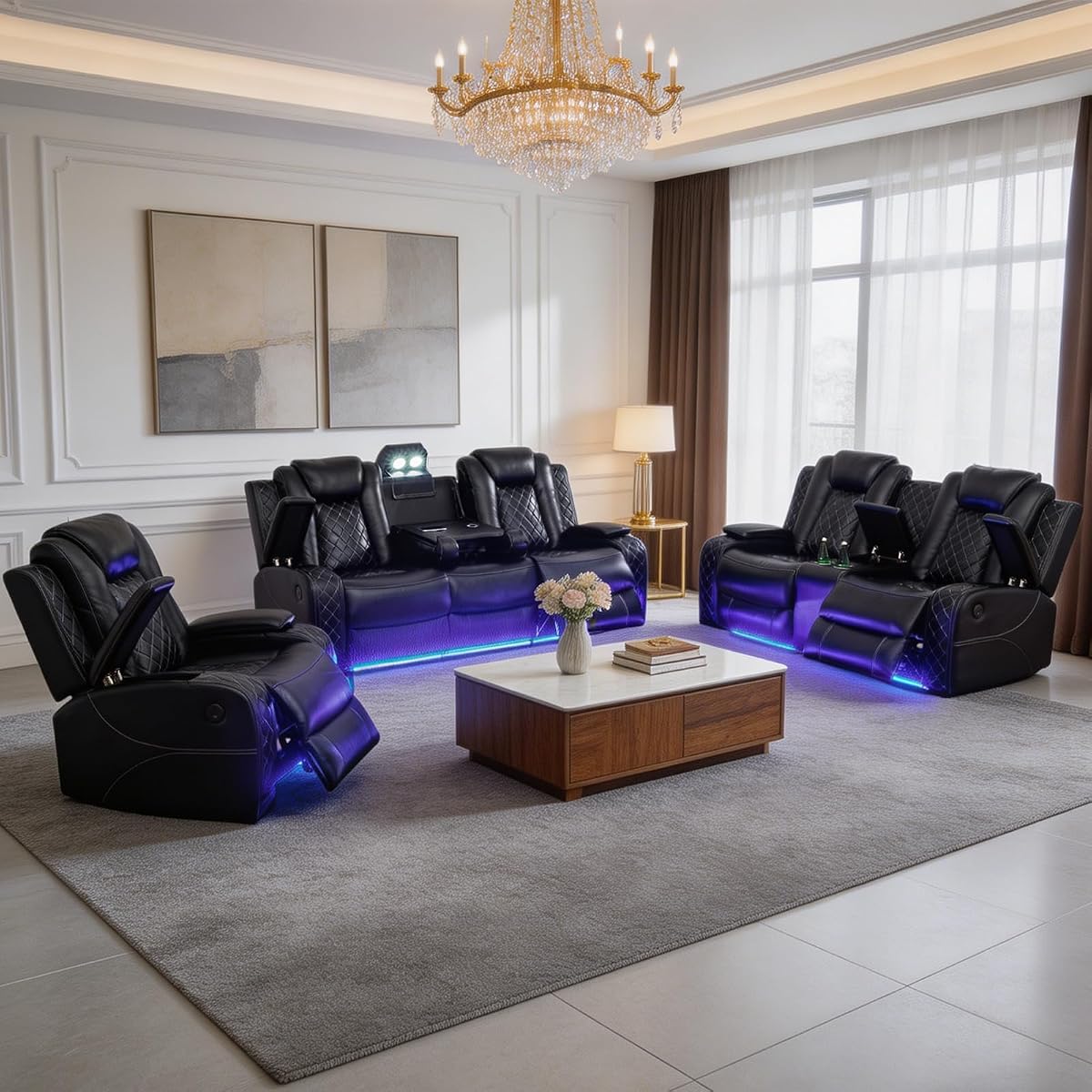 Living Room Furniture Sets, Power Recliner Sectional Sofa with LED Lights, Leather Couch Set, Reclining Sofa for Living Room, Home Theater,and Office (3PCS Set, Black)