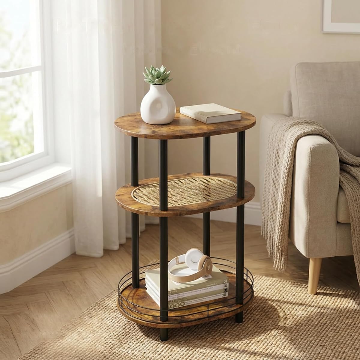 Small Rattan Side Table with Storage, 3 Tier Round/Oval End Table with Rattan Shelf, Boho Nightstand, Tool Free Assembly/Screw-Hole Free Tabletop-Living Room Bedroom-Brown