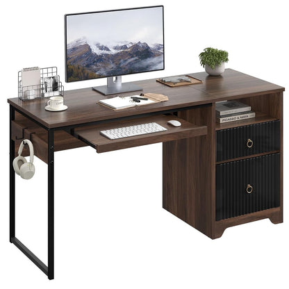 55 Inch Computer Desk with Keyboard Tray, Modern Office Desk with Storage, Wood Writing Desk with File Drawer, Fluted Panel & 2 Hooks for Home Office & Studio, Cherry